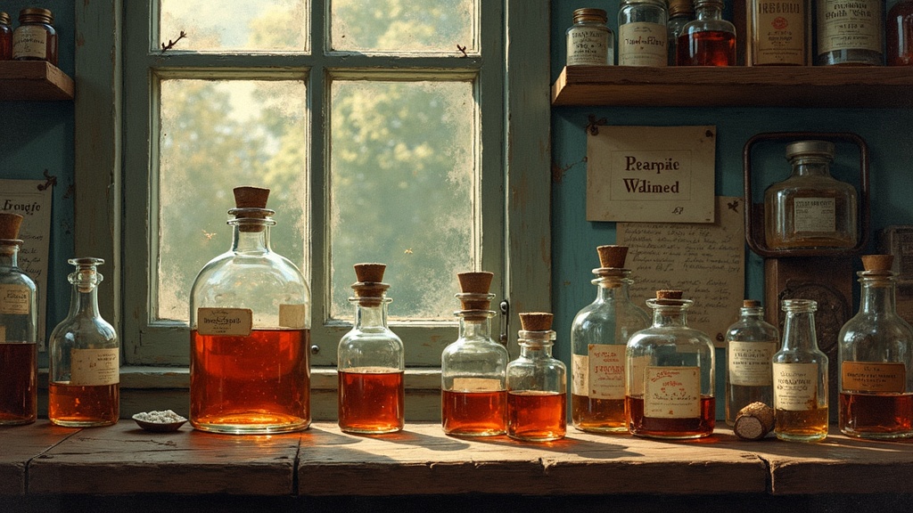 Illustration of laboratory glassware, medicine bottles, and vintage scientific equipment used in early pharmaceutical development, with a focus on painkiller research.