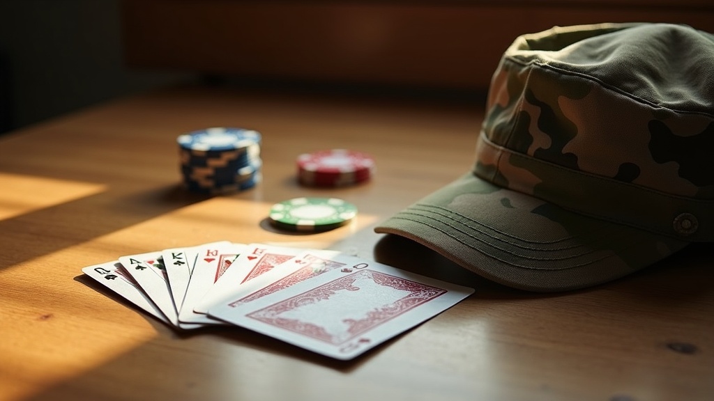 A deck of neatly arranged playing cards, scattered poker chips, and a camouflage military cap on a simple wooden table. Warm natural light highlights the contrasting symbols of risk and duty.