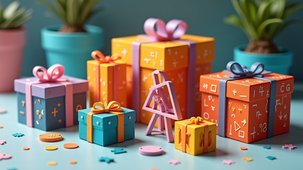 A colorful array of 3D-printed puzzle gift boxes with mathematical motifs