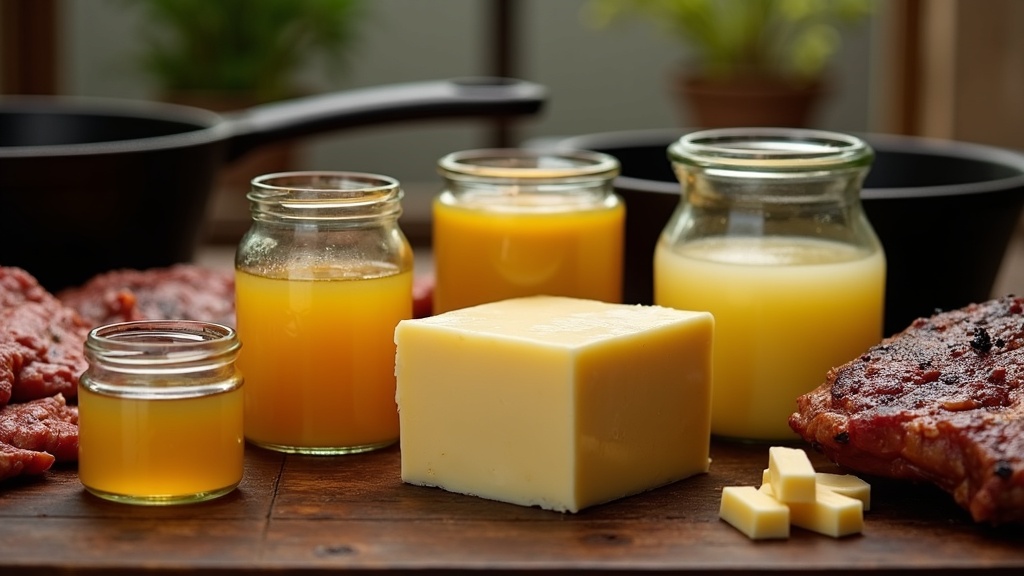 Assorted animal fats in glass jars alongside a sizzling steak in a cast iron skillet on a rustic kitchen table