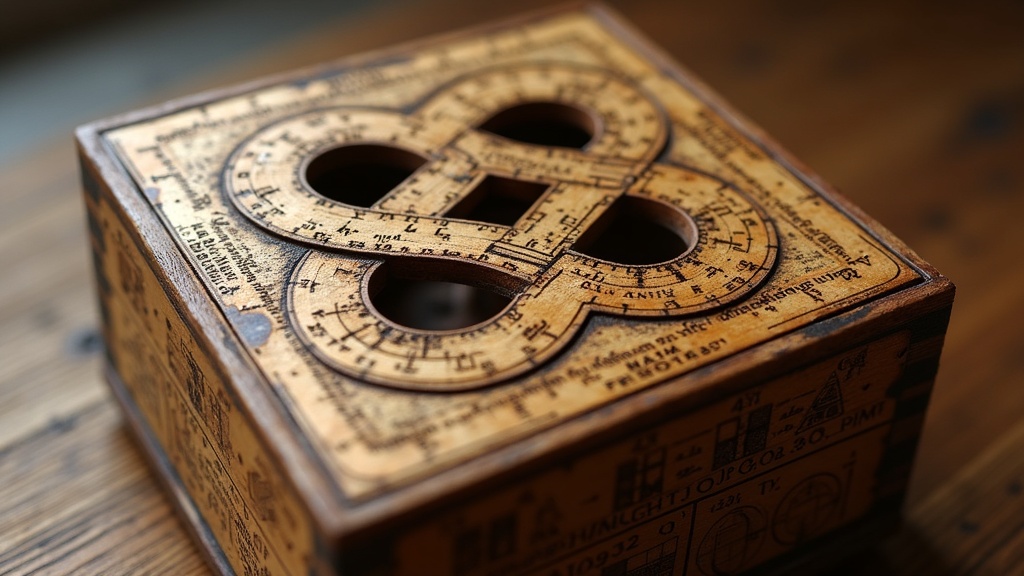 Detail view of a Mobius maze puzzle box with mathematical engravings