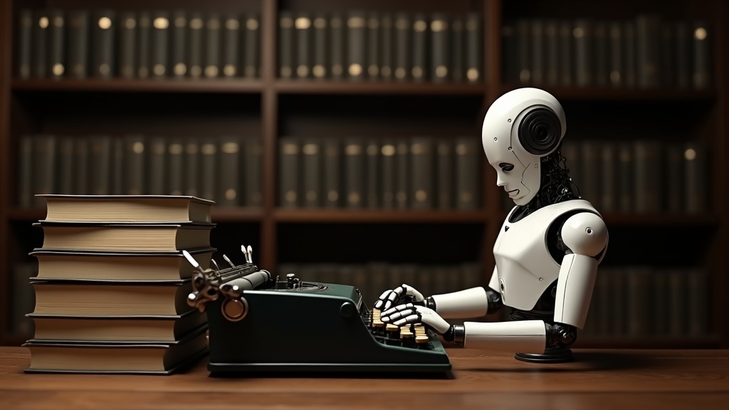 A conceptual image showing a robot typing on a vintage typewriter next to a stack of books in a law library.