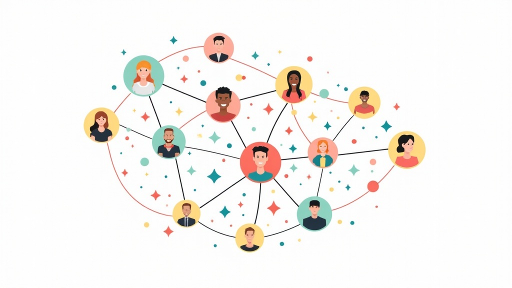 A colorful, abstract graphical representation of unique online communities or social media networks, with branching lines, icons, and profile avatars centered around groups of related interests.