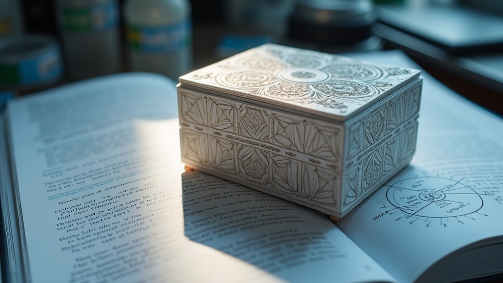 3D-printed puzzle gift box montage with geometric patterns and mathematical symbols
