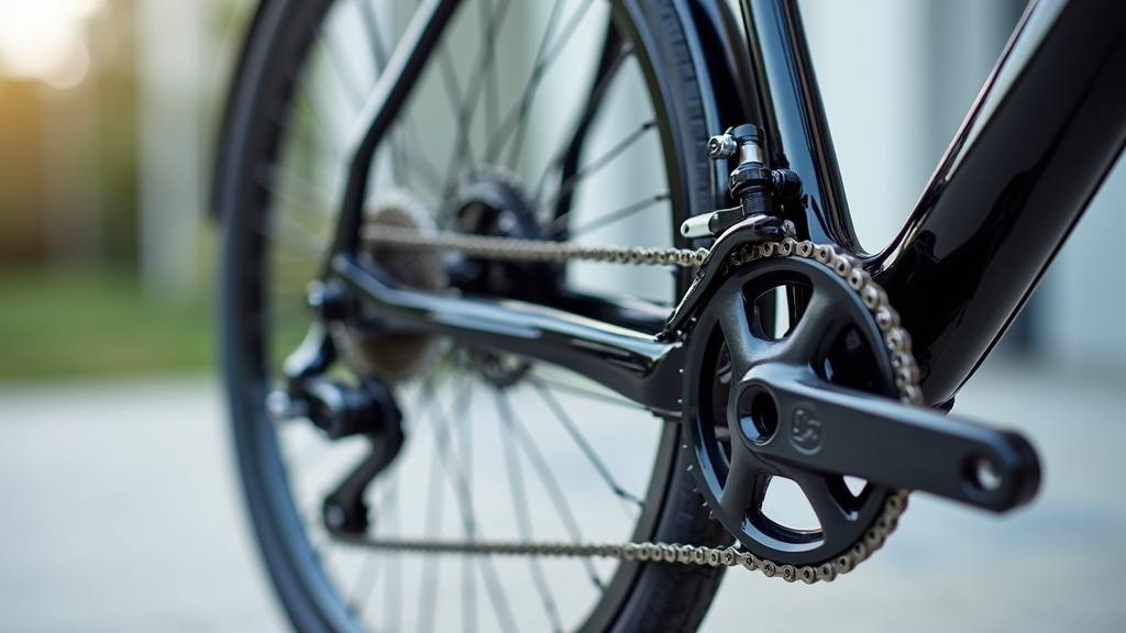 A detailed photo of a clean bike chain and drivetrain on a well-lit, modern bike. The chain appears shiny, and the cassette and derailleur are free from dirt and grime. The focus is on the mechanical components, with no humans or text visible.