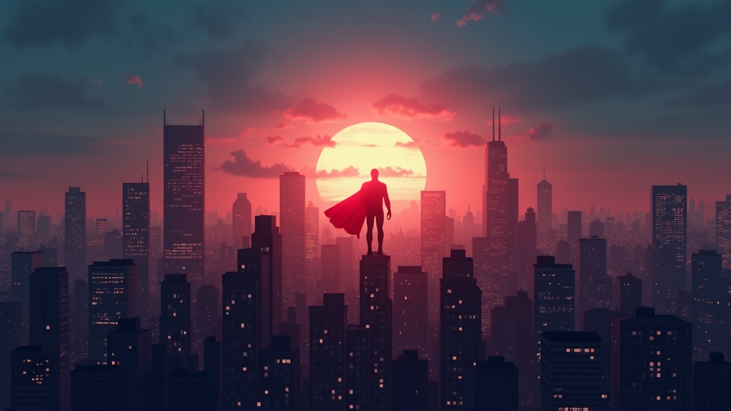 A stylized city skyline at dusk with a superhero silhouetted in the sky