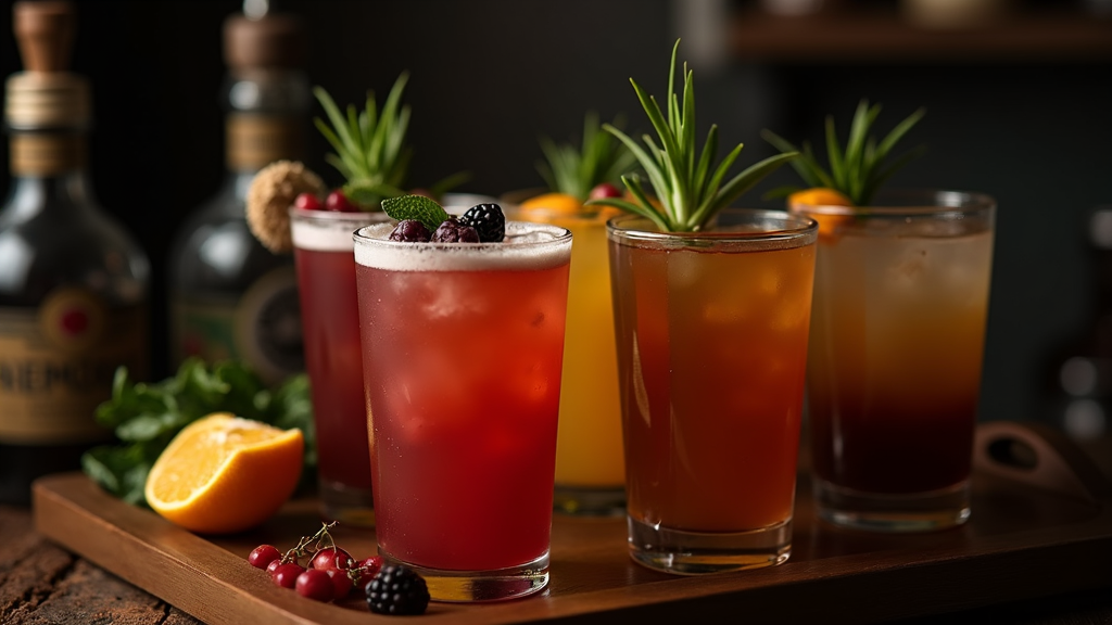 Close-up view of assorted colorful signature cocktails arranged on a wooden serving tray on a mobile bar countertop, with fresh ingredients like citrus, herbs, and berries nearby. Bottles and bar tools in the background.