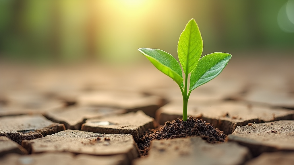 A fresh green sapling pushing through cracked dry earth, symbolizing resilience and new growth after hardship.