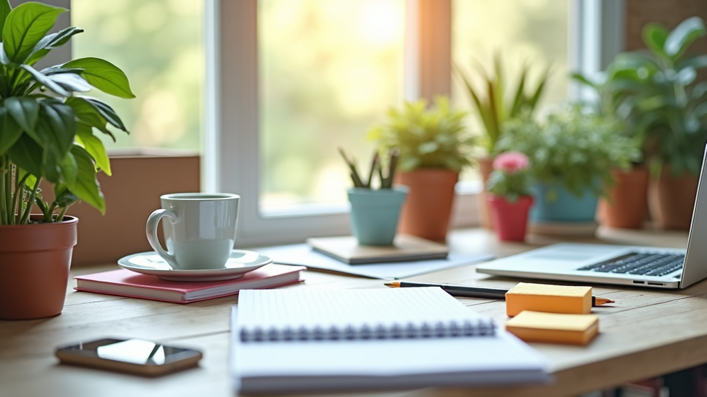 A vibrant desk workspace with plants, notepads, a coffee mug, and motivational sticky notes, filled with natural light. Smart gadgets and inspirational elements are scattered, blending productivity with calmness.