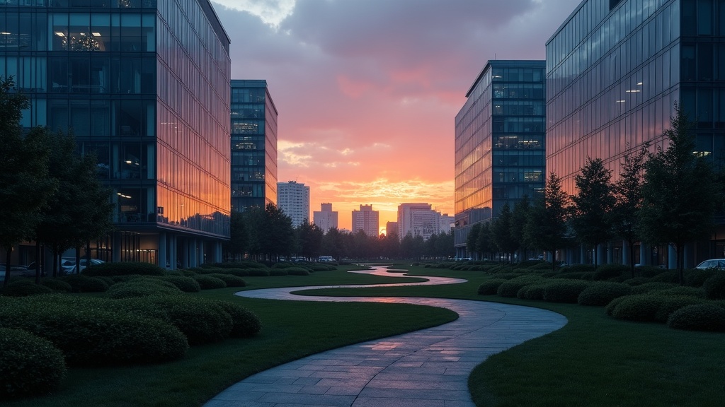 A moody depiction of a modern tech campus at sunset, with sleek glass buildings, lush landscaping, winding paths, and an almost empty outdoor space conveying solitude. Fleeting hints of digital screens glow inside.