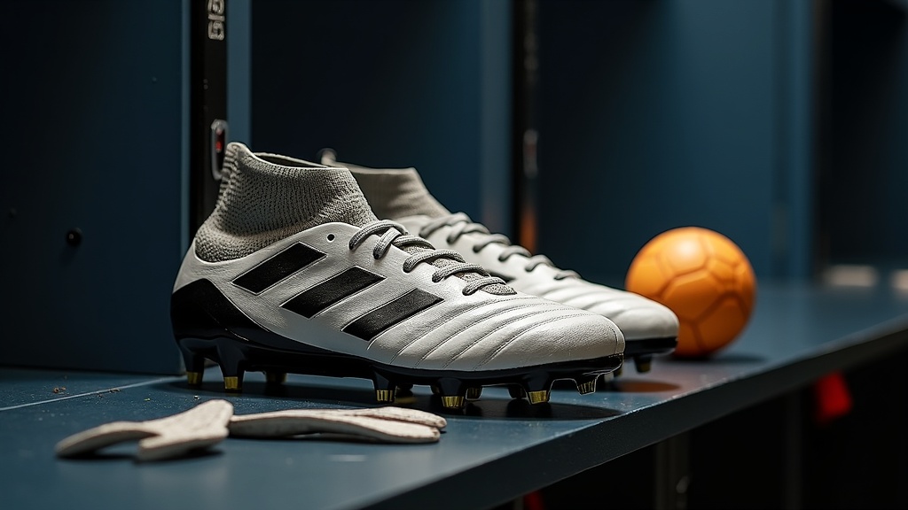 Adidas Predator 2025 cleats on a locker room bench with open laces, ball and shin guards in the background