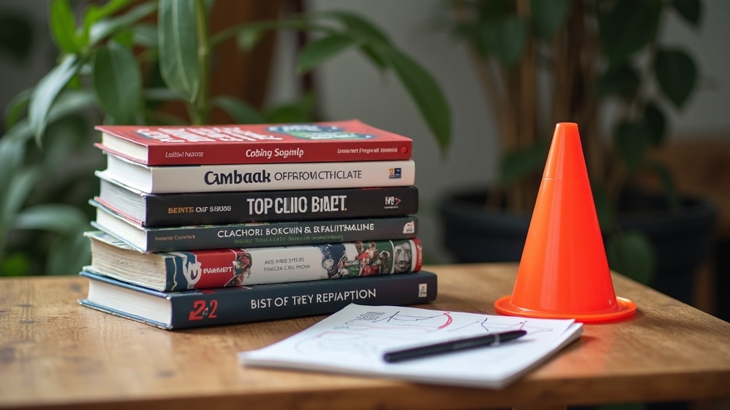 Stack of soccer coaching books and a tactical notepad on a turf field