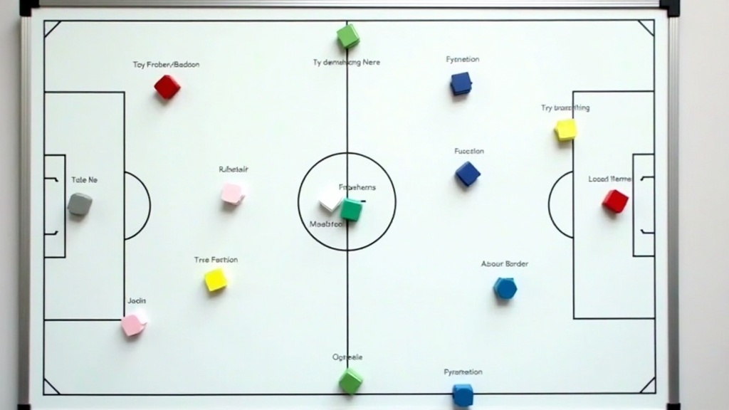 Whiteboard with complex soccer tactics illustrated and training cones