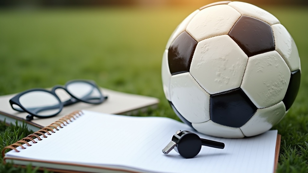 Tactical session notebook, soccer ball, and clipboard on grass