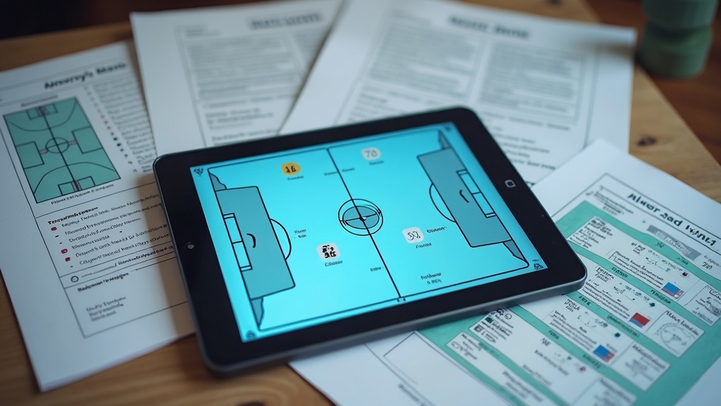 Group of soccer coaches discussing advanced tactics on field at sunset