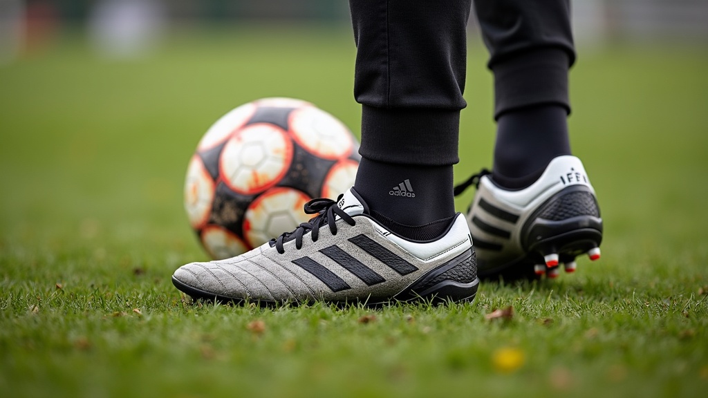 Adidas Predator 2025 cleats in action, close-up on the field next to a soccer ball, showing grass and dirt marks