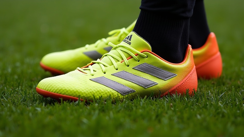 A close-up photo of Adidas Predator 2025 soccer cleats on green grass, showing texture and color details