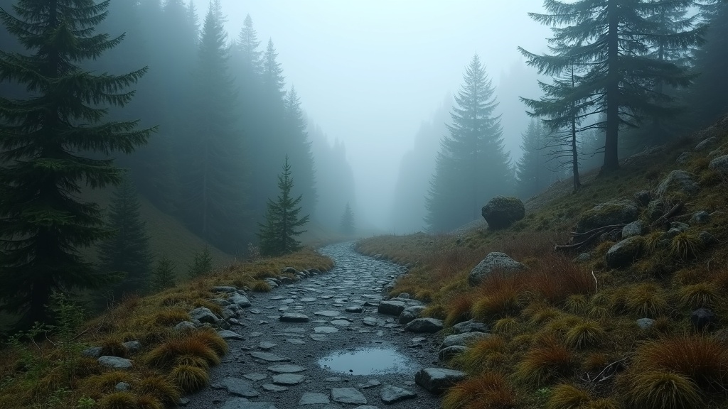A foggy, forested mountain trail with wet stones, moss, and mist