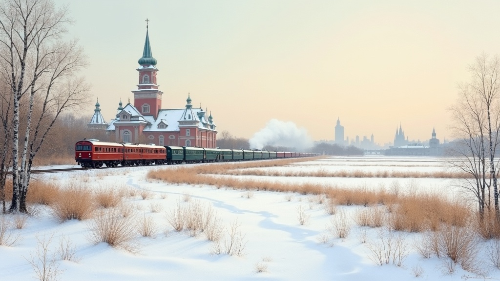 A detailed oil painting of a classic Russian countryside landscape with a passing steam train and grand estate in winter, inspired by Anna Karenina themes. Winter fields, birch trees, and distant city silhouettes under a pale sky.