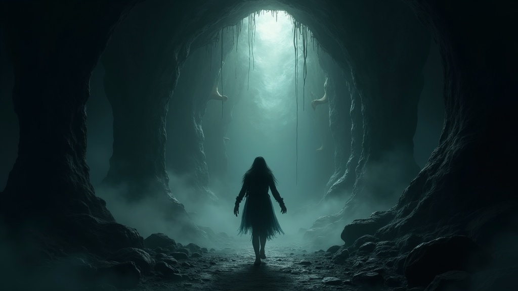 A dark, atmospheric illustration of a character descending into a misty, cavernous underworld, with shadows and symbolic motifs inspired by mythology and storytelling.
