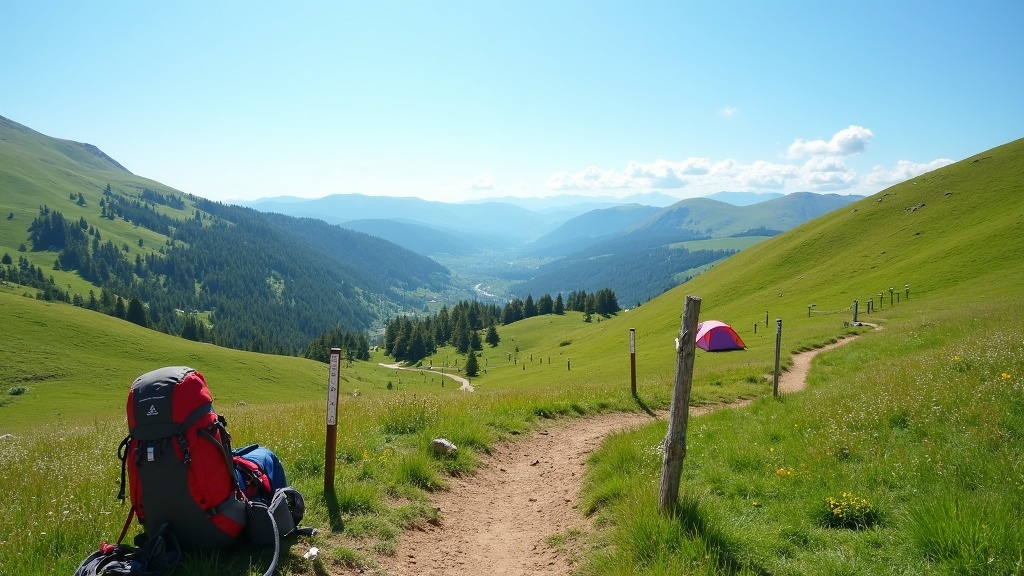 An impressive natural landscape with a marked hiking trail winding through fields and gentle hills, captured on a sunny spring morning, with a few tents and gear in the distance.