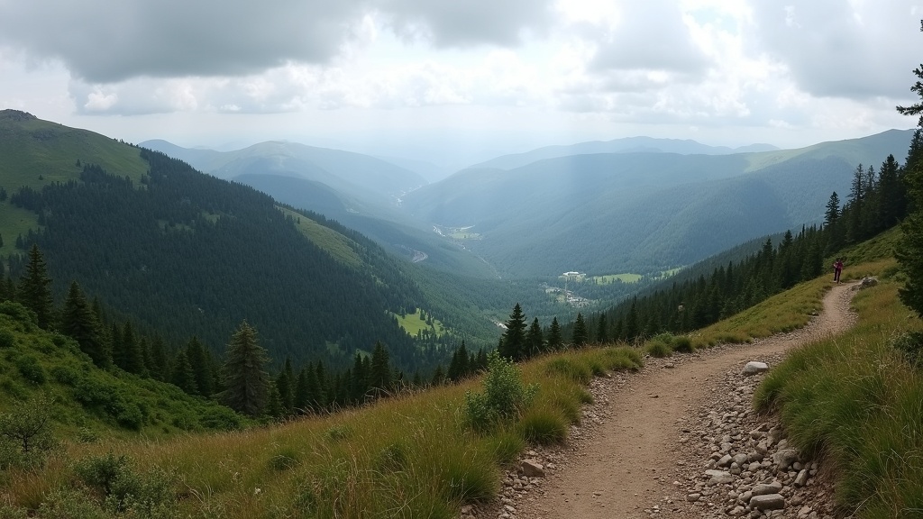 A scenic mountain trail with diverse terrain, surrounded by lush greenery and dramatic skies.