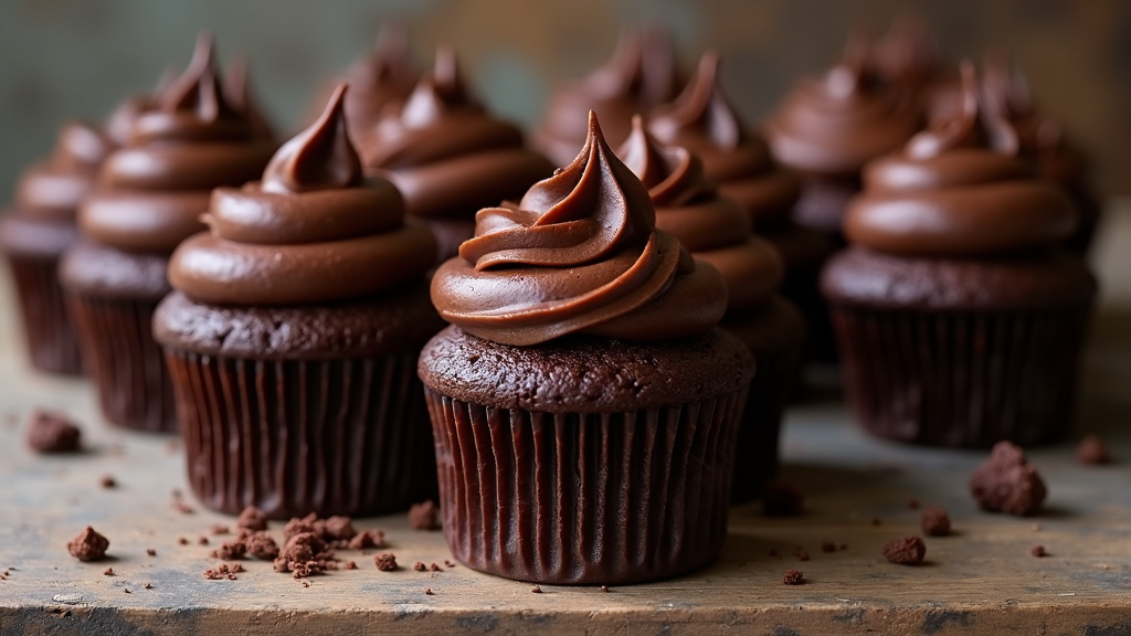 A batch of rich chocolate gluten-free, dairy-free, egg-free cupcakes on a rustic kitchen counter, with a swirl of chocolate frosting and a few crumbs scattered nearby.