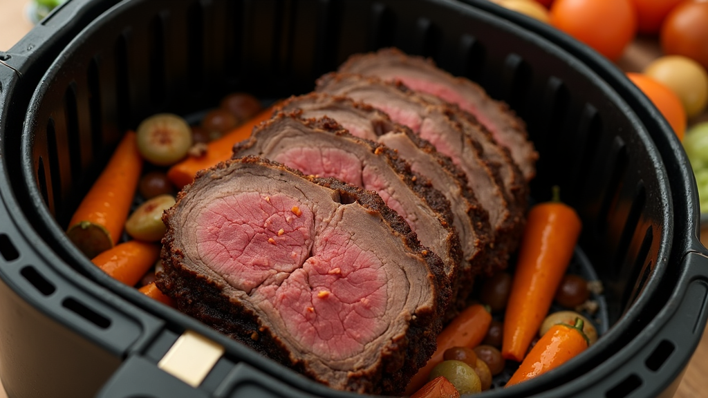 Tender roast beef in air fryer basket, sliced, with roasted vegetables
