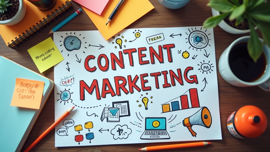 A desk scattered with notebooks, digital tablets, and coffee mugs, with colorful charts and brainstormed content marketing ideas sketched out across the workspace. Bright and creative, inspiring a productive content planning session.