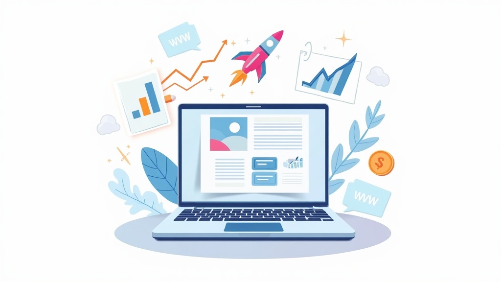 Illustration of a laptop with charts and affiliate marketing icons, symbolizing online affiliate strategies.