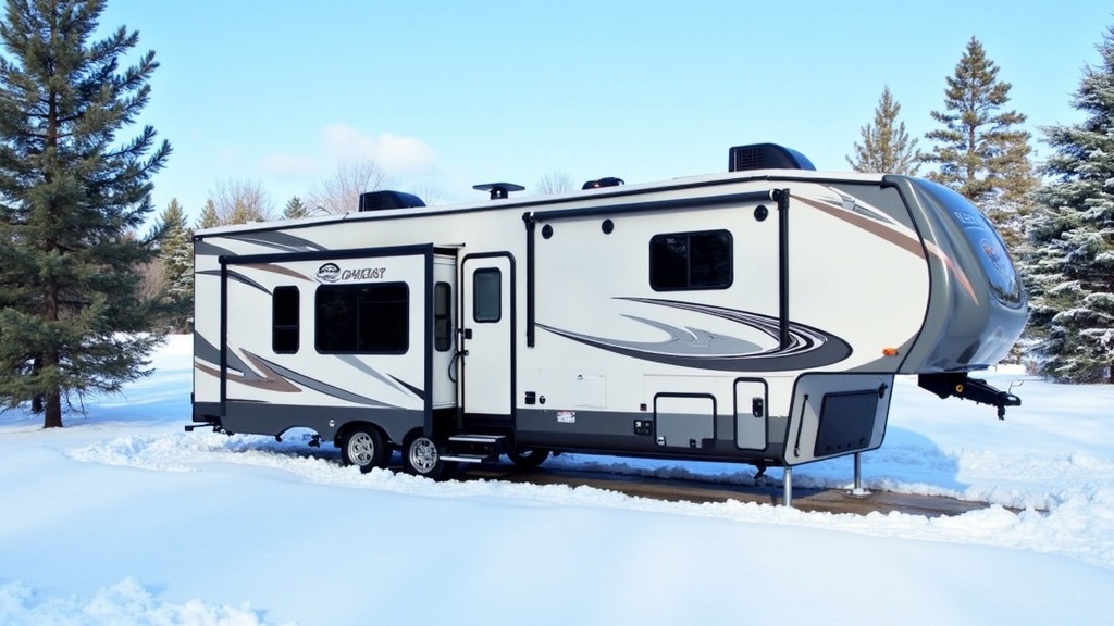 RV parked in a snowy campsite with protective skirting attached, acting as a barrier against winter cold.