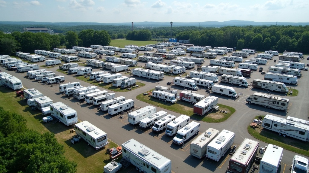 Aerial view of the Hershey America's Largest RV Show with hundreds of RVs lined up outdoors at the Giant Center, Hershey PA. Bright and bustling scene with lush green surroundings and excitement in the air.