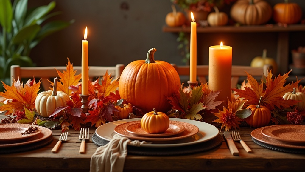 Festive Thanksgiving table with fall leaves, candles, and pumpkin centerpiece