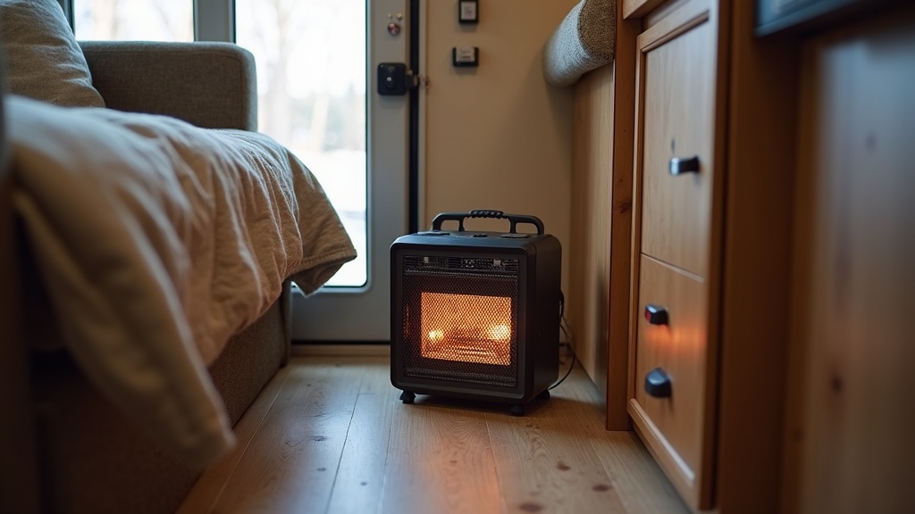 Space heater inside an RV with warning symbols highlighting potential risks
