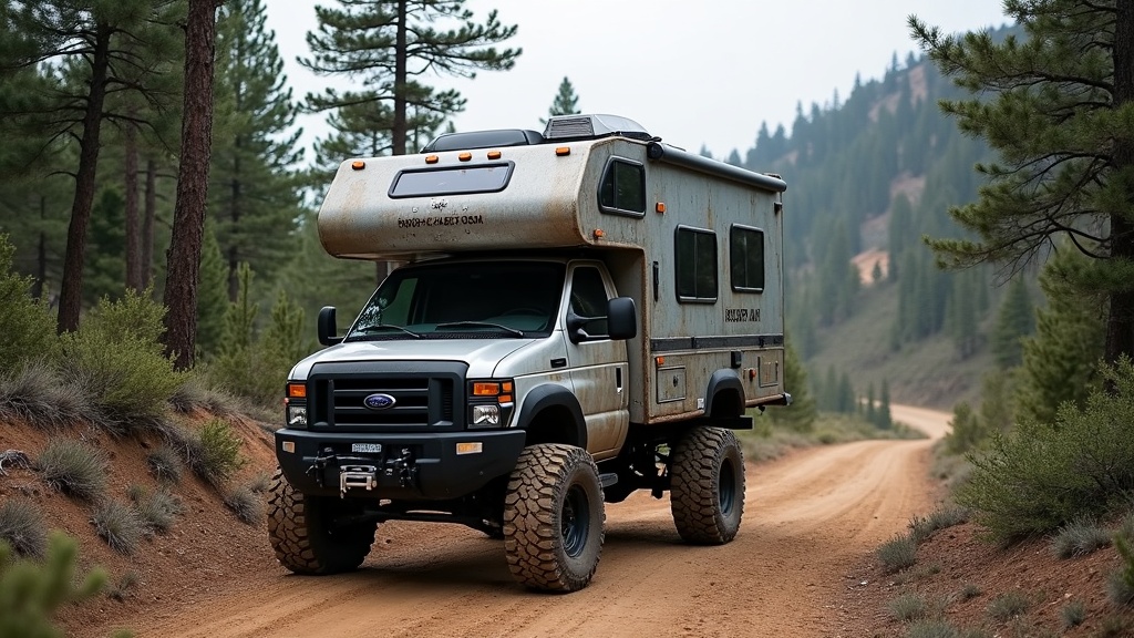 A rugged off-road RV camper parked in a remote, wooded mountain area, surrounded by trees and natural landscape. Massive tires and elevated suspension are visible, with dirt trails leading off into the distance.