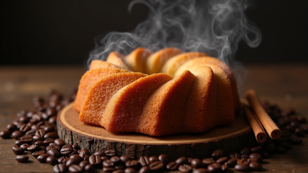 A golden smoked coffee cake on a rustic wooden board surrounded by coffee beans and cinnamon sticks.