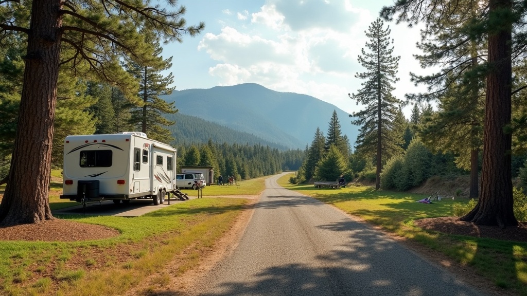 A travel trailer calmly parked at a wide pull-through campsite with a scenic view of trees and mountains.