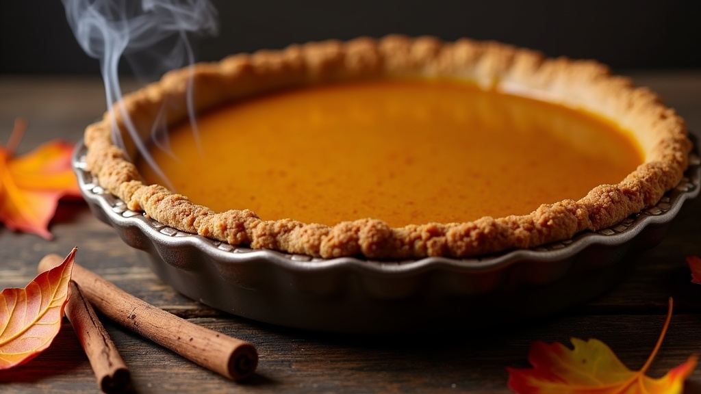Smoked pumpkin pie with a gingersnap crust on a rustic wooden table, surrounded by fall leaves, cinnamon sticks, and whole nutmeg.