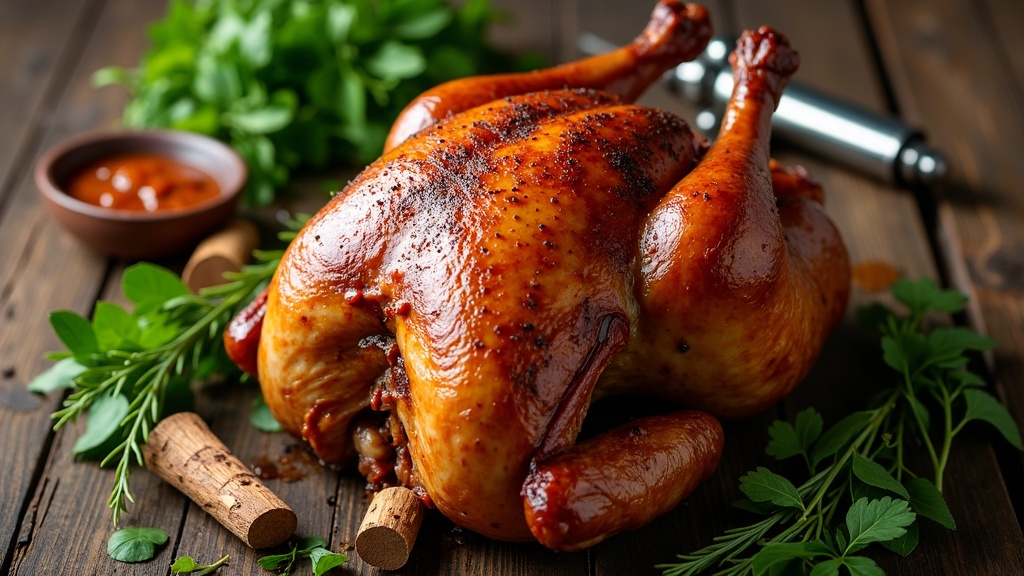 Whole smoked turkey with injection marinade and smoking tools on a wooden table