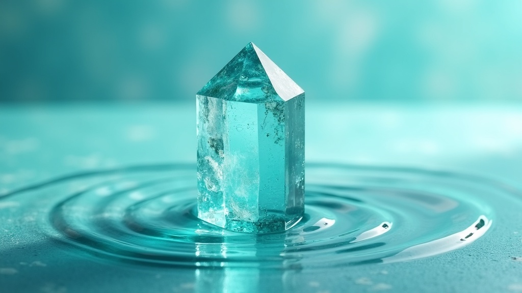 A smooth aquamarine stone glows with blue-green hues, surrounded by gentle ripples of water and soft natural light streaming onto a serene surface.