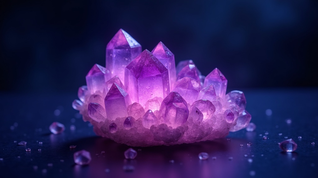 A glowing amethyst crystal cluster on a dark surface, illuminated with soft purple and blue ambient light from behind, surrounded by a gentle haze, high detail