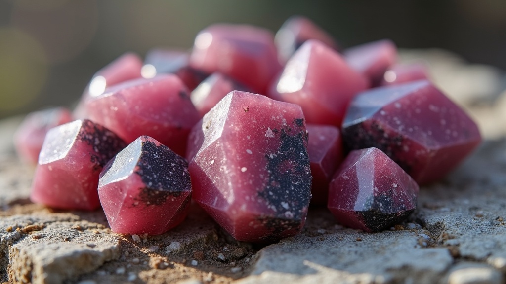 polished rhodonite crystals on a natural background