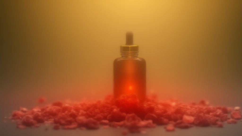 A bottle of rosewood essential oil surrounded by rosewood chips and a soft glowing light, with chakra symbols subtly integrated into the background. A meditative scene focused on natural calm and balance.