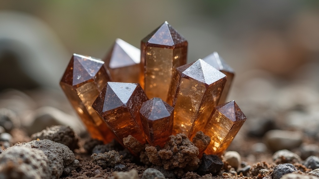 A close-up photo of a cluster of smoky quartz crystals resting on natural earth.