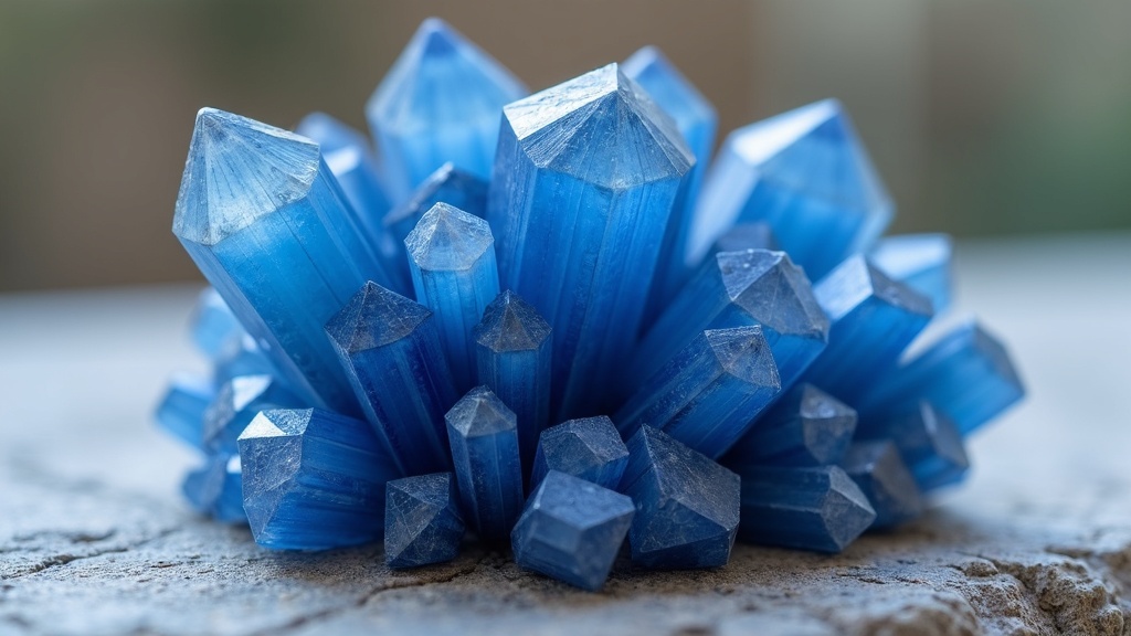A close-up photograph of a cluster of blue kyanite crystals with their signature striated bladelike formations, shown on a neutral stone background. The blues are vivid and the surface reflects natural light in a calming way.