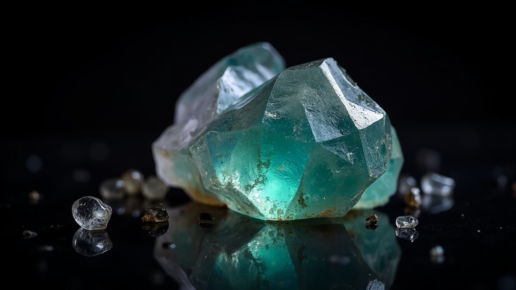 Polished multicolored fluorite stone close-up on a reflective black background, surrounded by small natural crystals and faint glowing light