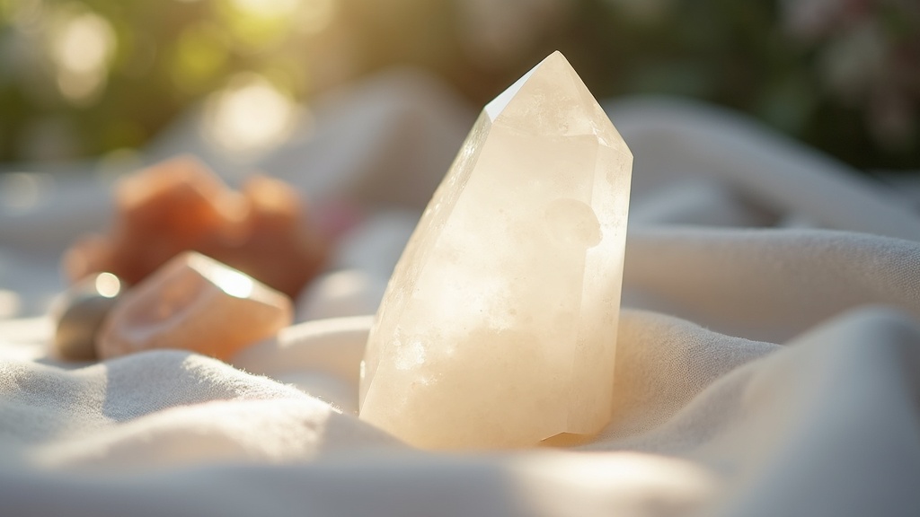 A luminous selenite wand placed on a soft white fabric, surrounded by gentle natural light. Crystals and minerals are in the background.