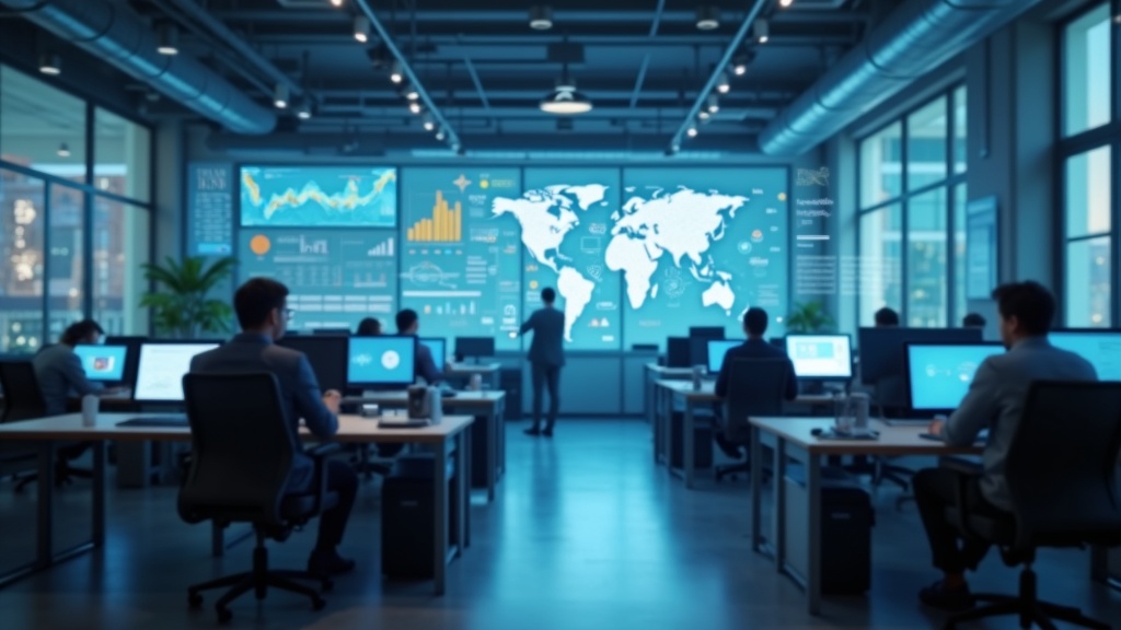 AI tools automating tasks for a small business, digital dashboard, and paperwork on a desk