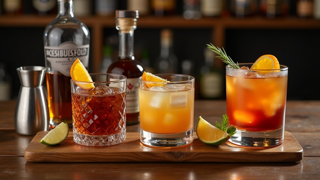 A variety of whiskey cocktails on a wooden table, surrounded by garnishes and bar tools.