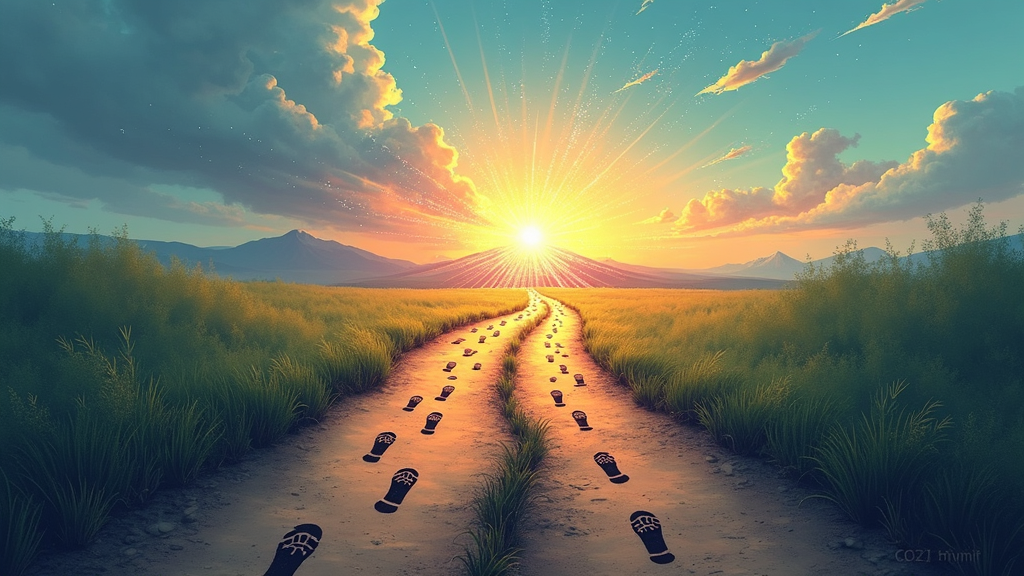A conceptual illustration of a path split into two, one marked Discipline with organized footprints, one marked Motivation with bursts of colorful sparks, both leading toward a distant mountain under changing skies